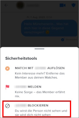 Pop-up-Menü bei Tinder, um Nutzer zu blockieren