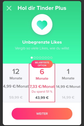 Angebot mit Kosten für Abo Tinder Plus