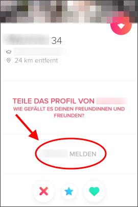 Seite mit Button zur Meldung eines Tinder-Profils