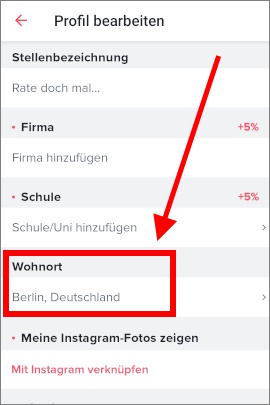 Menü in Tinder, um den Wohnort im Profil auszublenden