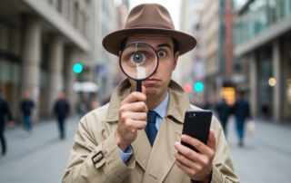 Lustiger Mann steht mit Handy in der Stadt und hält sich Lupe vor das Auge