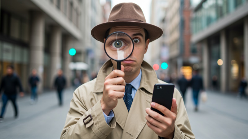Lustiger Mann steht mit Handy in der Stadt und hält sich Lupe vor das Auge