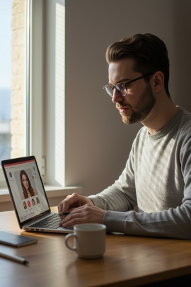 Mann sitzt zu Hause am Notebook und betrachtet Dating-Profil einer Frau