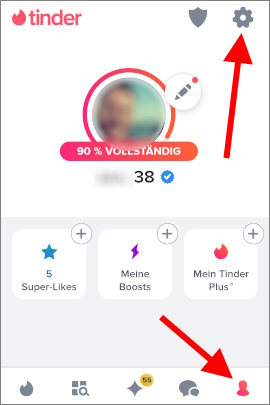 Profilseite in Tinder, um Einstellungen zu öffnen