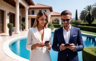 Reiches Paar steht mit Handys vor der Villa am Pool