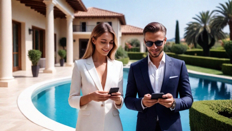 Reiches Paar steht mit Handys vor der Villa am Pool