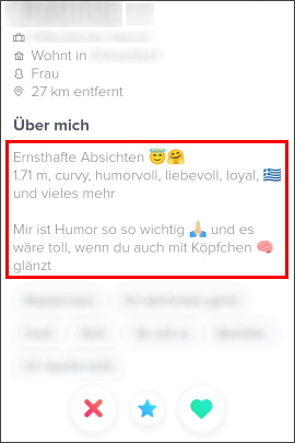 Beschreibungstext auf Tinder von einer Frau, die einen festen Partner sucht