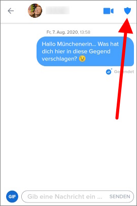 Tinder-Chat mit blauem Schild-Symbol für das Sicherheitsmenü