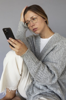 Frau schaut gelangweilt aufs Smartphone