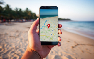 Person am Strand hält Smartphone mit Navi-App