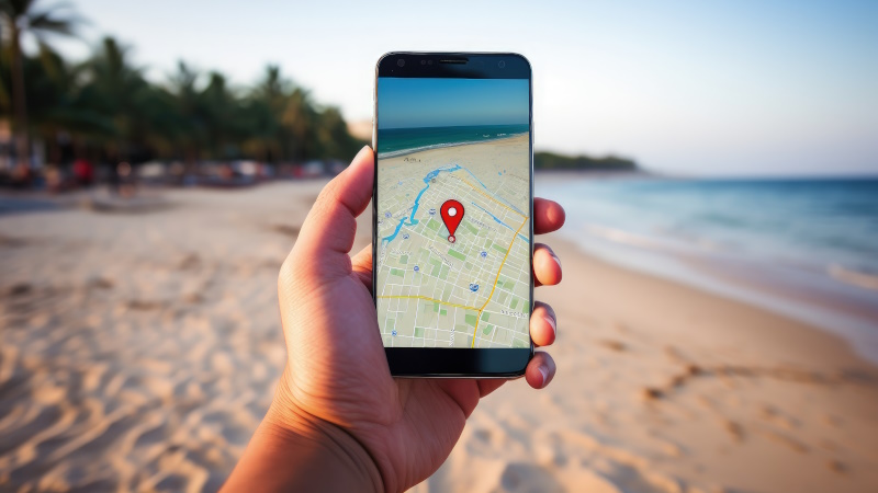 Person am Strand hält Smartphone mit Navi-App