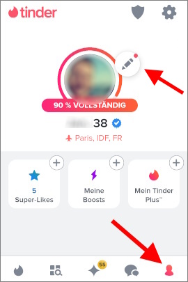 Menü in Tinder, um die Seite zur Profilbearbeitung zu öffnen