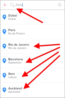 Suchfunktion beim Tinder-Reisepass, um Ort auszuwählen