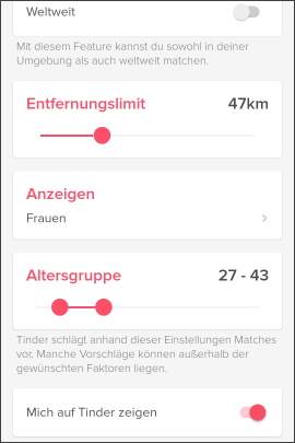 Entfernung und Alter in Tinder einstellen