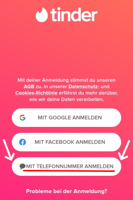 Menü zur Anmeldung in der Tinder-App