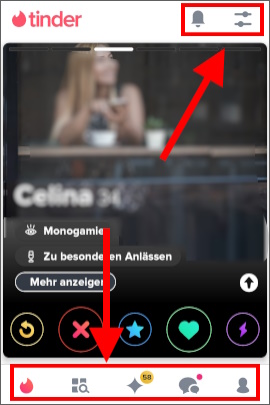 Tinder-Profil mit Icons zur Navigation durch die Menüs