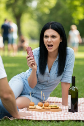 Verärgerte Frau beschimpft Partner beim Picknick im Park
