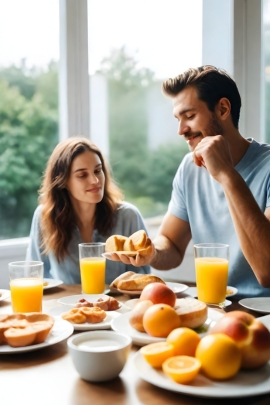 Frau und Mann haben nach gemeinsamer Übernachtung Frühstück zusammen