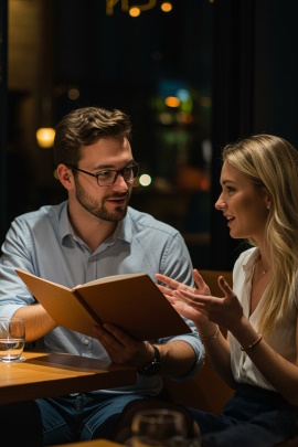 Paar sitzt im Restaurant mit Speisekarte und redet miteinander