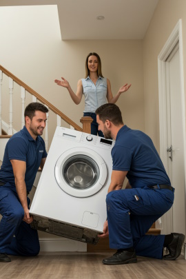 Zwei Männer tragen eine Waschmaschine die Treppe hinauf