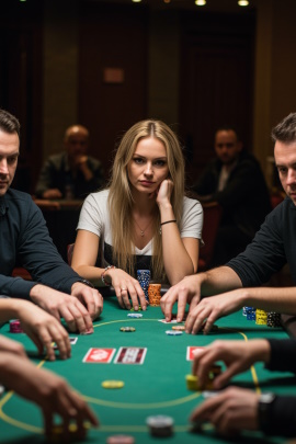 Frau sitzt am Pokertisch und spielt gegen Männer