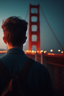 KI-Bild von einem Mann, der an der Golden Gate Bridge steht