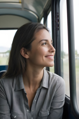 Frau sitzt nach Abschied im Bus und schaut lächelnd aus dem Fenster