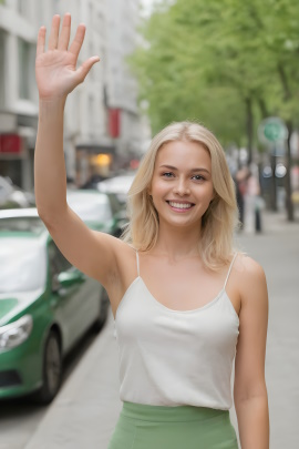 Blonde Frau winkt fröhlich in der Stadt