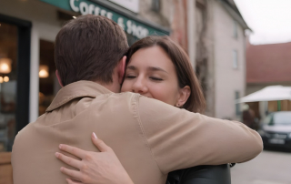 Frau umarmt Mann nach Date vor einem Café