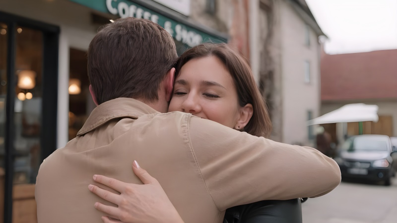 Frau umarmt Mann nach Date vor einem Café
