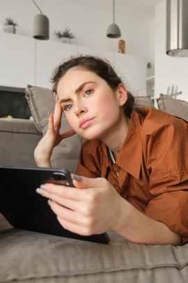 Beleidigte Frau liegt zu Hause auf dem Sofa mit Tablet-PC