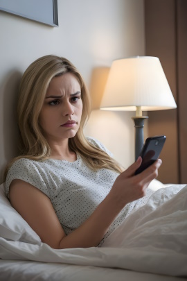 Frau liegt im Bett und liest Nachricht am Handy