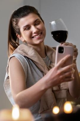 Frau hat ein Online-Date und trink ein Glas Wein