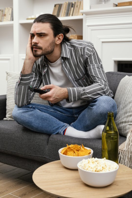 Unzufriedener Mann sitzt mit Chips und Bier vor dem Fernseher