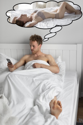 Mann im Bett schaut aufs Handy und denkt an erotische Frau