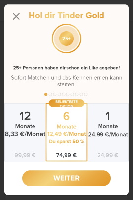 Übersicht mit den Preisen für Tinder Gold