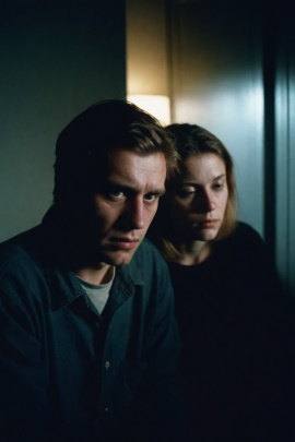 Trauriges Paar sitzt in einer dunklen Wohnung
