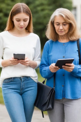 Junge und alte Frau stehen nebeneinander und schauen auf Handys