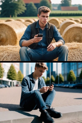 Zwei Männer mit Handy, die auf Strohballen auf dem Land und auf dem Boden in der Stadt sitzen