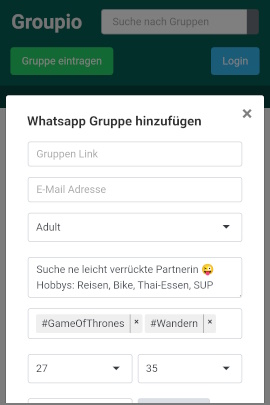 Menü auf Groupio, um neue WhatsApp-Gruppe einzutragen