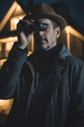 Mann mit Hut und Fernglas spioniert nachts am Haus