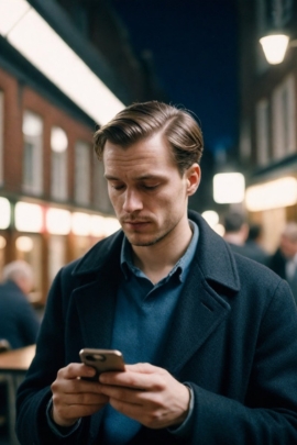 Mann schaut auf sein Handy und wartet auf Nachricht von Frau, die er mag