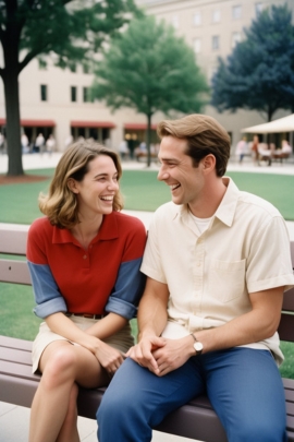 Mann und Frau sitzen auf Bank in Park und flirten miteinander