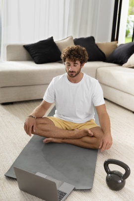 Mann mit Laptop und Kugelhantel meditiert auf Gymnastikmatte