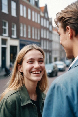 Lachendes Paar redet miteinander in der Innenstadt
