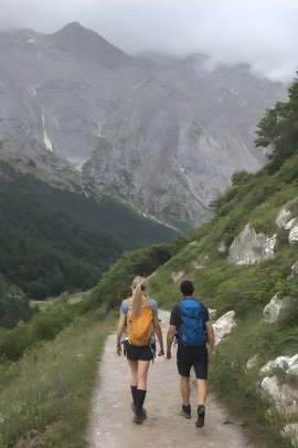 Paar mit Rucksäcken wandert im Gebirge