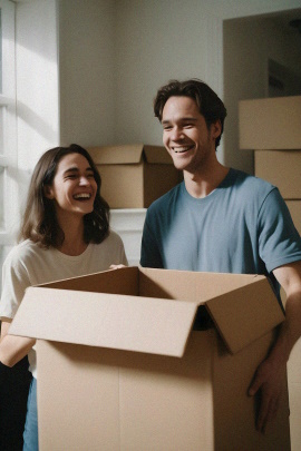 Lachendes Paar steht in der Wohnung mit Umzugskartons