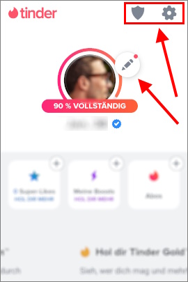 Menü in Tinder, um eigenes Profil und Einstellungen zu verwalten